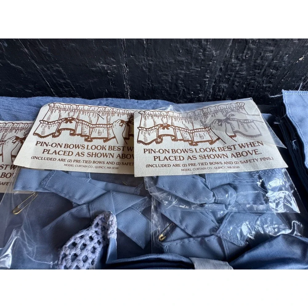 Vintage Model Curtain Co Light Blue Pin-On Bows and Fabric Lot Window Decor